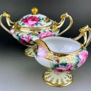 ノリタケ(Noritake)のオールドノリタケ 薔薇文 シュガー入れ ミルク入れ セット バラ 金点盛り(テーブル用品)