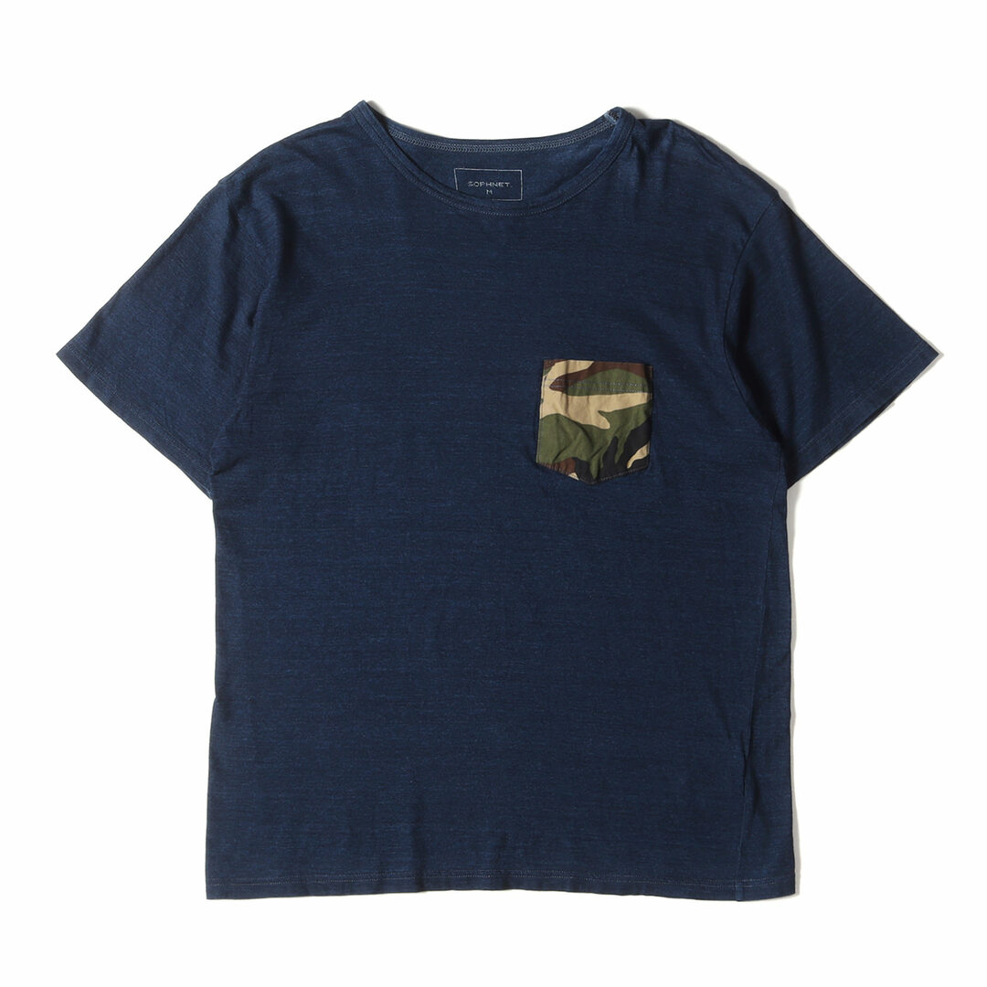 SOPHNET ソフネット Tシャツ サイズ:M インディゴ クルーネック 半袖 迷彩 ポケット TシャツFABRIC MIX INDIGO POCKET TEE インディゴ ブルー ネイビー トップス カットソー 【メンズ】