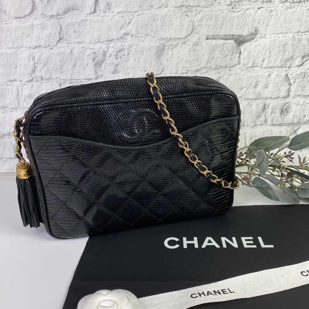 CHANEL - 美品シャネル リザードフリンジチェーンショルダーバック B