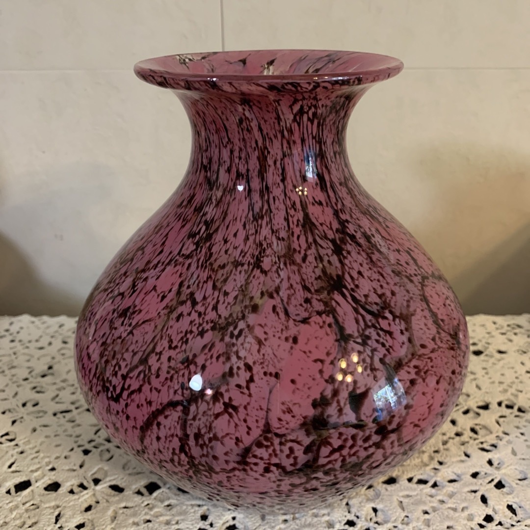 カメイガラス　レトロガラス花瓶　マーブル　ピンク　ブラウン　ヴィンテージ