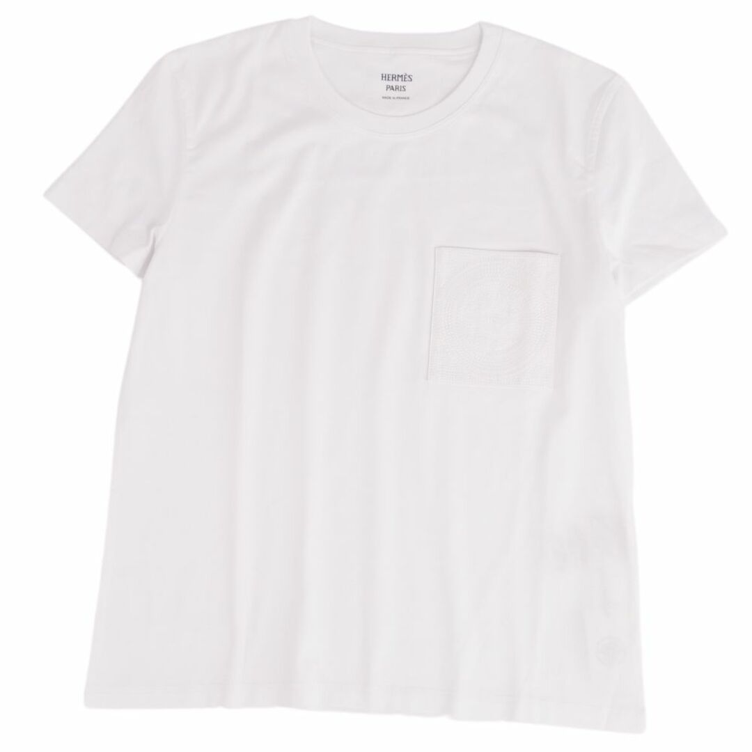 美品 エルメス HERMES Tシャツ 23SS カットソー Hロゴ 刺繍入りポケット コットン トップス レディース フランス製 38(M相当) ホワイト約48cm肩幅