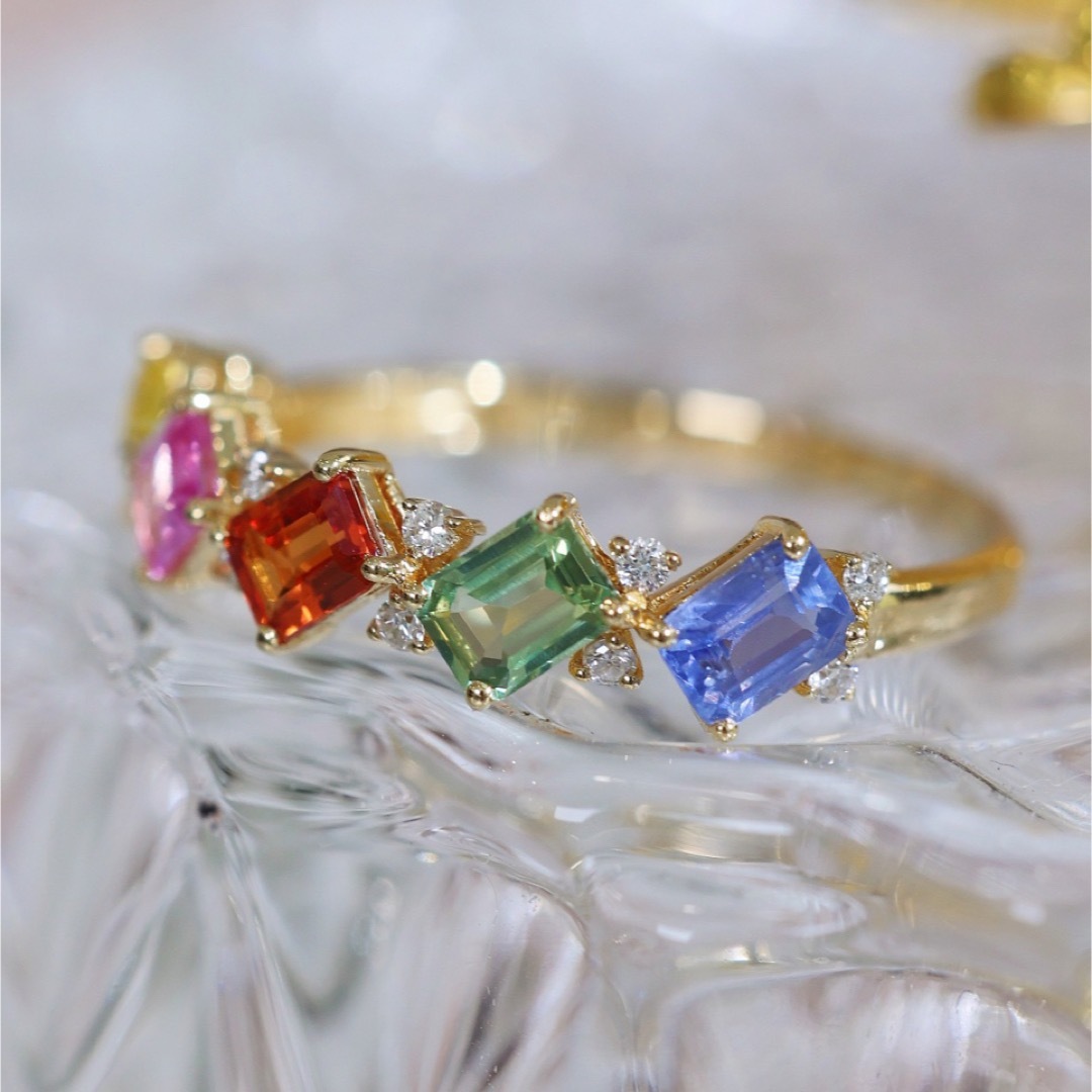 K18 幸運 可愛 虹 天然ダイヤモンド付き カラーサファイアリング 指輪-