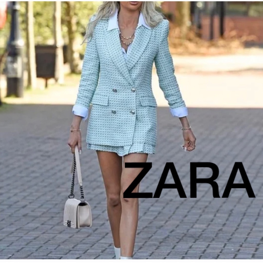 ZARA ツイード　セットアップ　ジャケット　スカート　グリーン