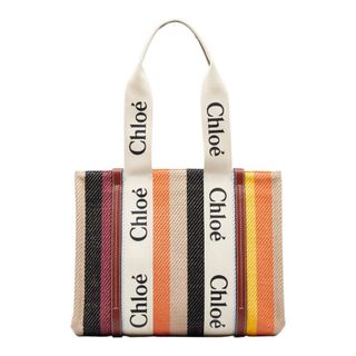 美品 クロエ ウッディ ストライプ トートバッグ ハンドバッグ キャンバス レディース Chloe 【216-16480】