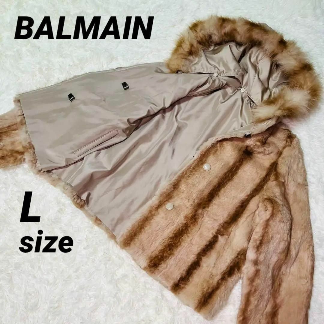 【BALMAN】リバーシブルファーコート　シルク　ブルーフォックス　Lサイズ