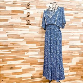 ボタニカル柄【ザラ】ZARA オシャレ刺繍アジアン総柄ワンピース XS 青×緑