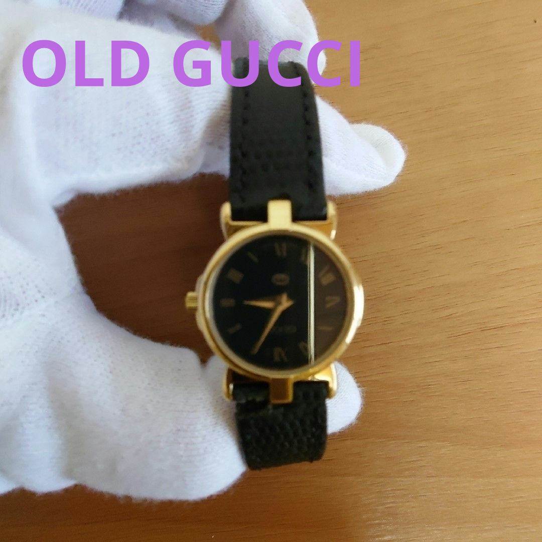 オールドGUCCI 黒文字盤×ゴールド 腕時計 グッチ 革バンド レディース-