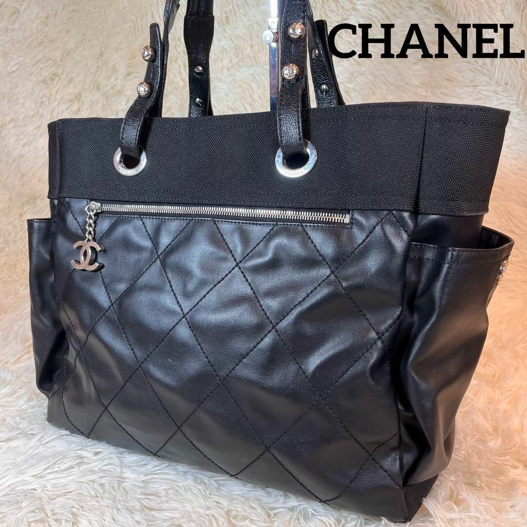 美品✨CHANEL パリビアリッツ トートバッグ マトラッセ ブラック 肩掛け-