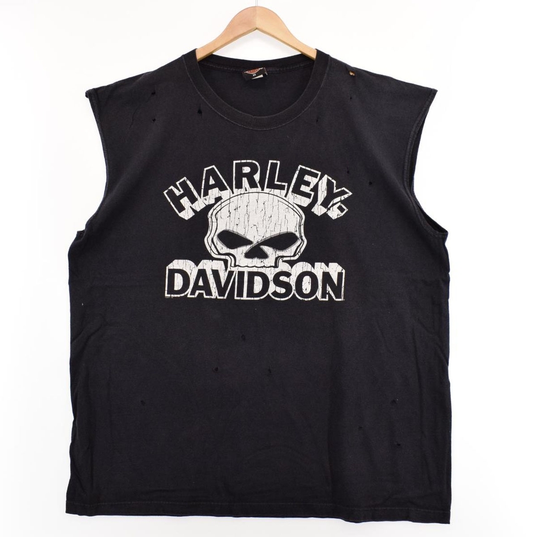 ハーレーダビッドソン Harley-Davidson ドクロ柄 スカル柄 両面プリント モーターサイクル バイクTシャツ ノースリーブ USA製 メンズXXL /eaa320366