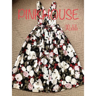ピンクハウス(PINK HOUSE)の美品✨ピンクハウス  チェリーと花柄の吊りスカート　黒　送料無料(ロングスカート)