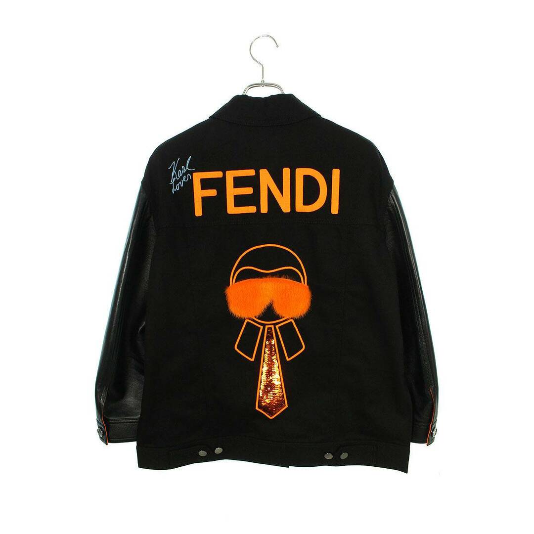 FENDI(フェンディ)のフェンディ  Karlito Contrast Sleeve Embroidered Denim Jacket FLF508 7DV アームレザーバックミンクデザインデニムジャケット レディース 36 レディースのジャケット/アウター(Gジャン/デニムジャケット)の商品写真