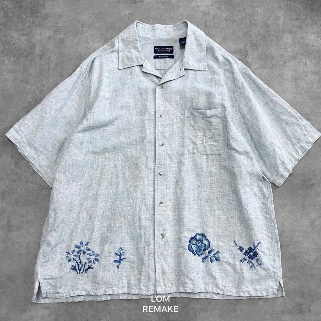 XL 白青 手縫い フラワー 花柄 クロスステッチ 刺繍 リメイクシャツ