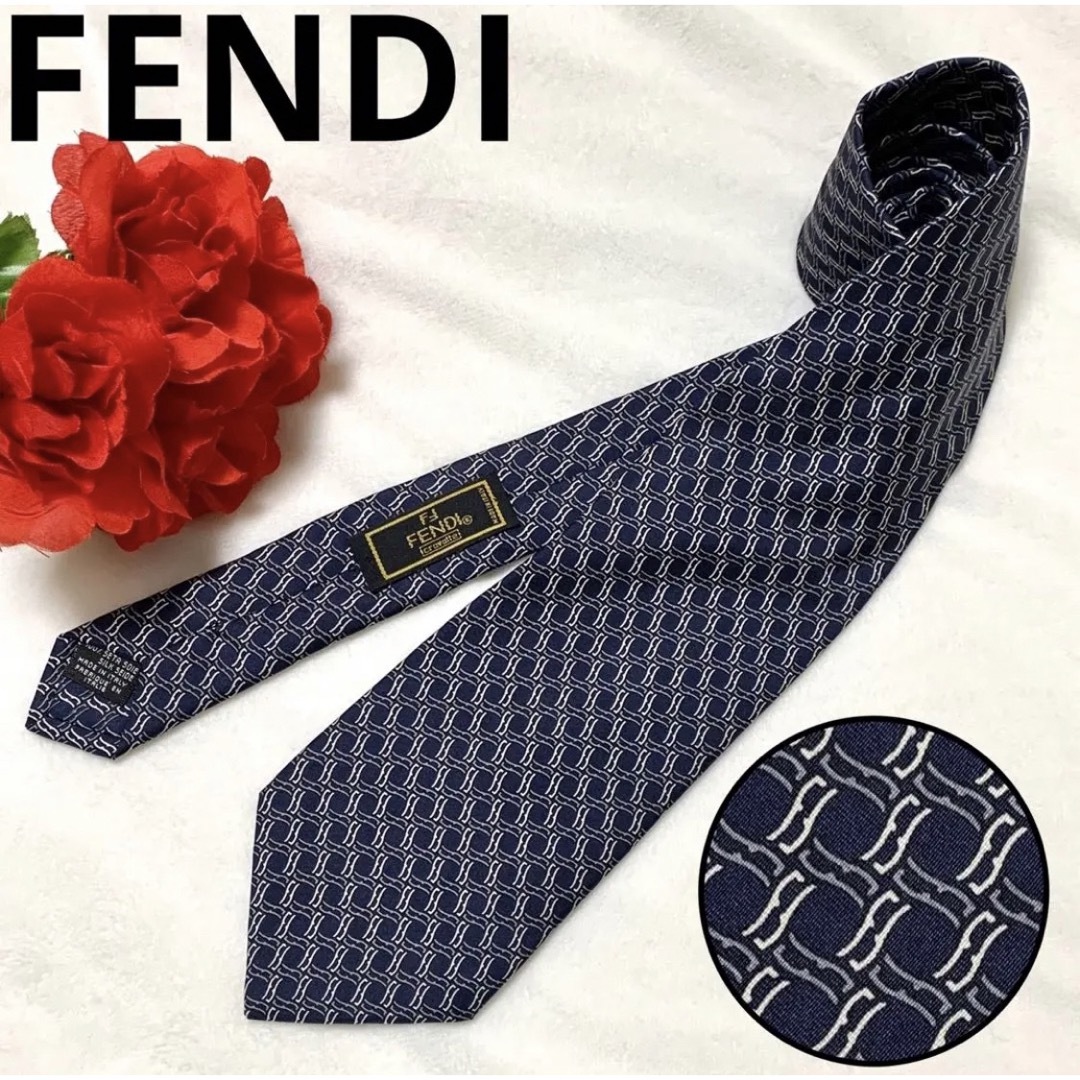 【極美品】FENDI ネクタイ ネイビー系 ズッカ柄 SILK100%