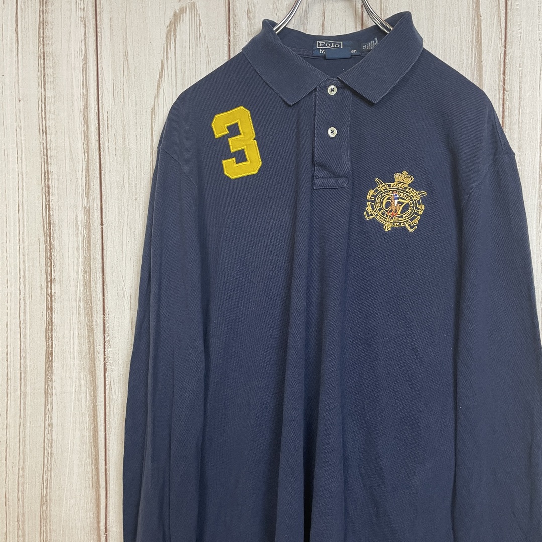 POLO RALPH LAUREN(ポロラルフローレン)のポロラルフローレン 長袖ポロシャツ エンブレム刺繍 ネイビー XL 古着 メンズのトップス(ポロシャツ)の商品写真