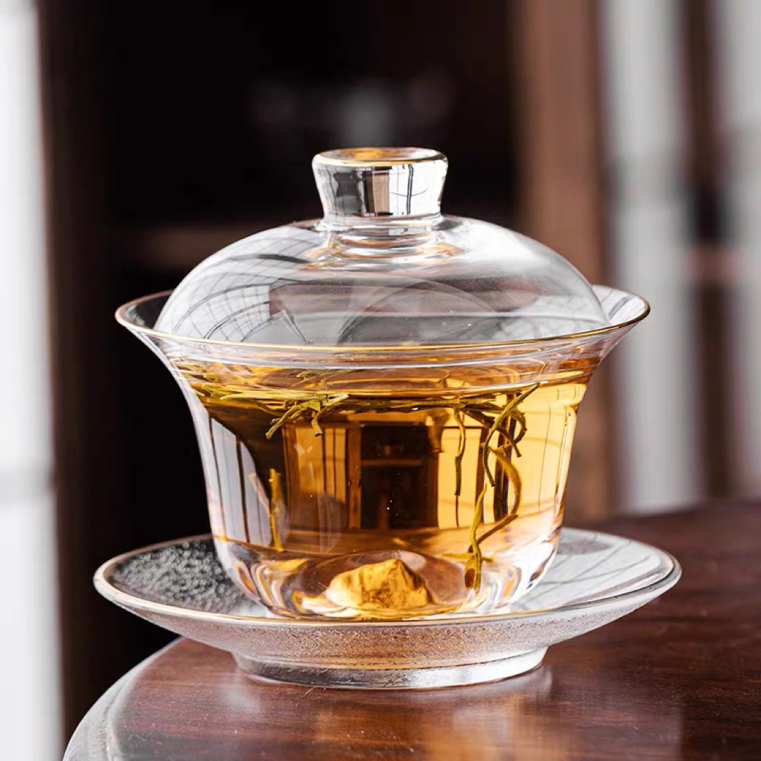 蓋碗　茶杯セット 金箔入れ　おしゃれ　耐熱ガラス製の中国茶器 1客