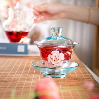 高級 蓋碗　茶杯セット 金箔入れ　花柄 おしゃれ　耐熱ガラス製の中国茶器 1客