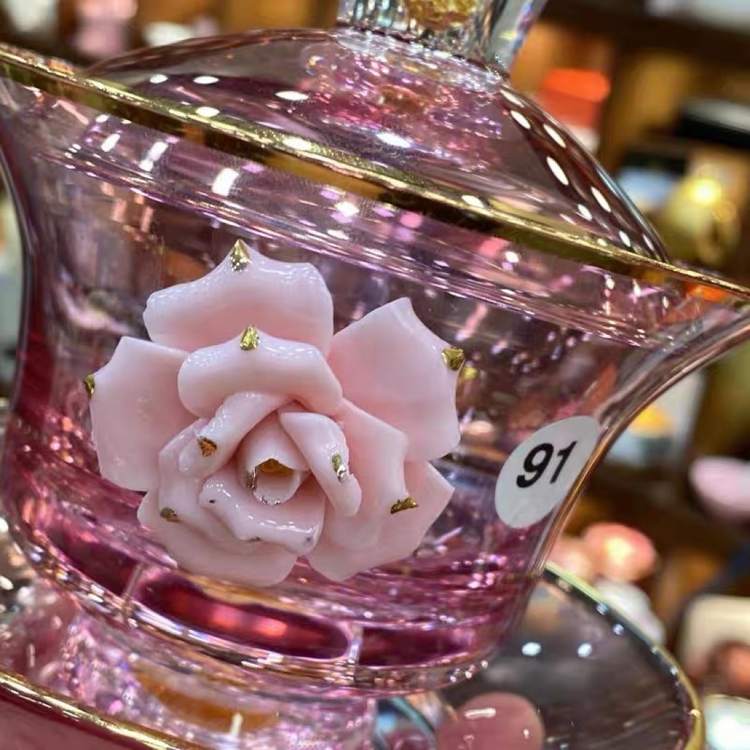 高級 蓋碗　茶杯セット 金箔入れ　花柄 おしゃれ　耐熱ガラス製の中国茶器 1客