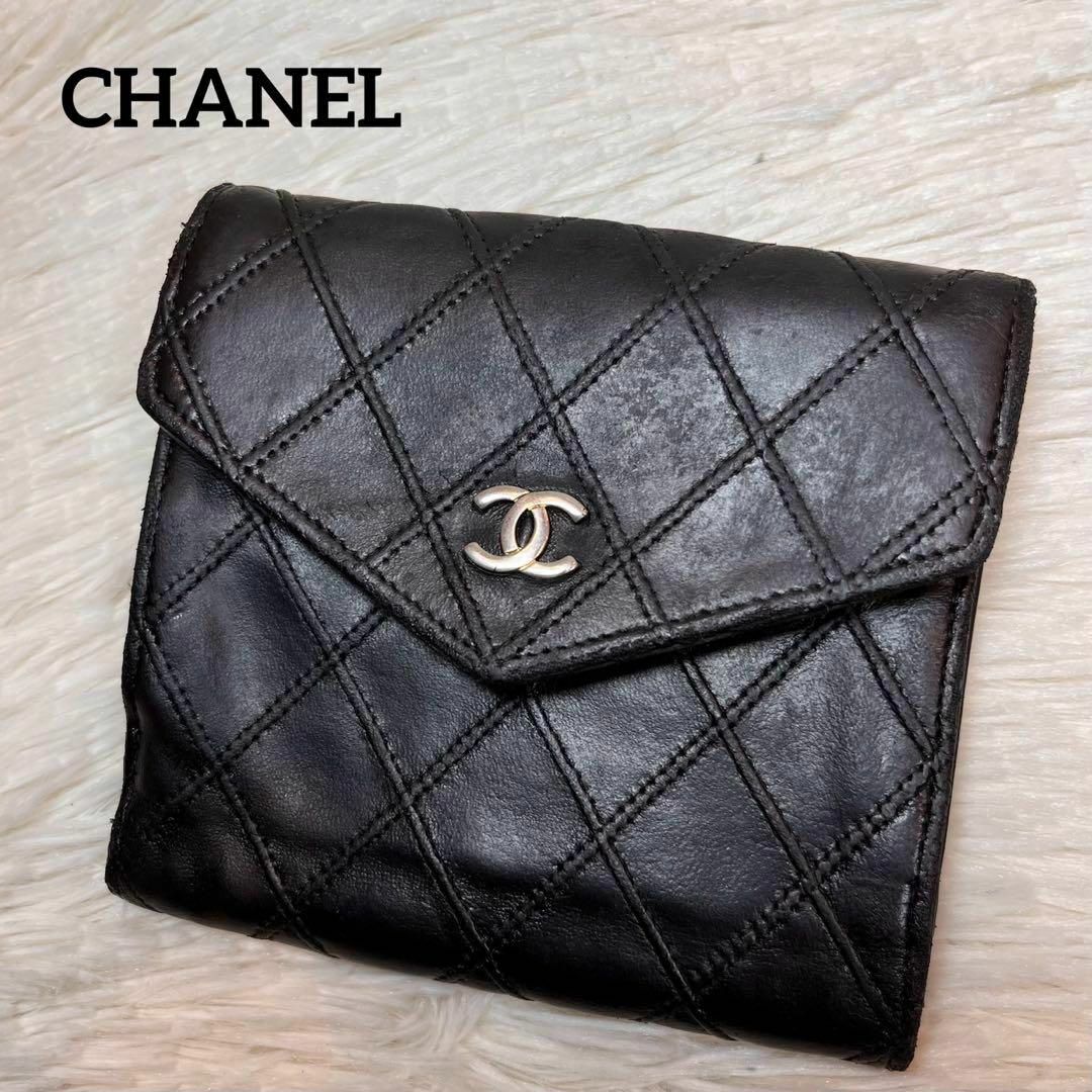 美品✨CHANEL ビコローレ　折り財布　ブラック　レザー　二つ折り