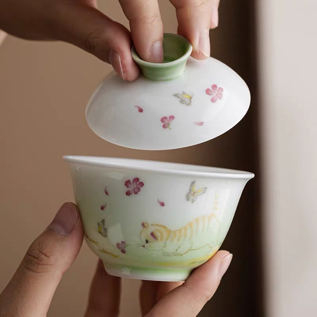蓋碗　茶杯セット おしゃれ　猫 耐熱磁陶器製の中国茶器 1客