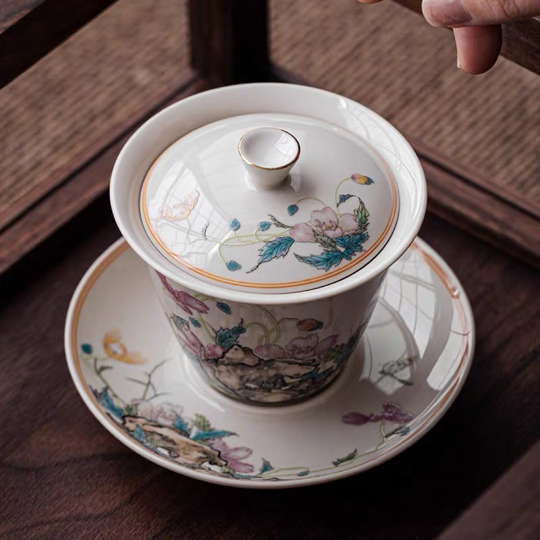 蓋碗　茶杯セット おしゃれ　花柄 耐熱磁陶器製の中国茶器 1客