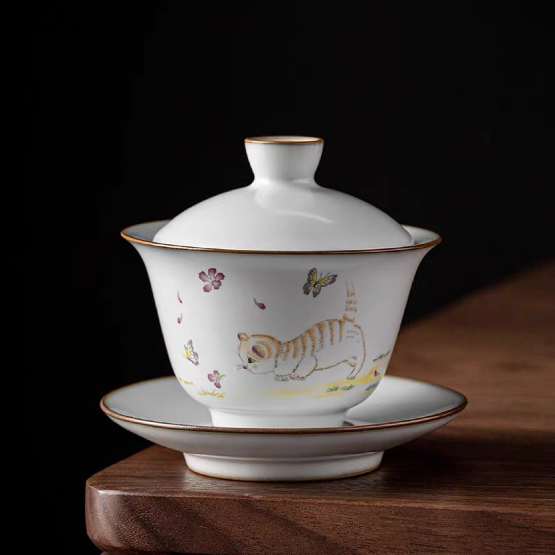蓋碗　茶杯セット おしゃれ　猫 耐熱磁陶器製の中国茶器 1客