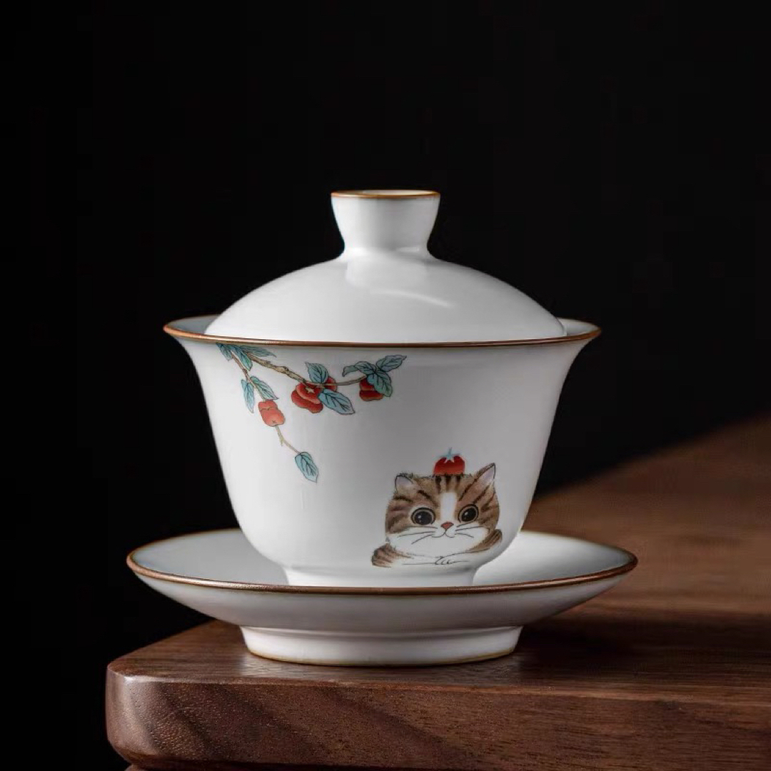 蓋碗　茶杯セット おしゃれ　花柄  猫　耐熱磁陶器製の中国茶器 1客
