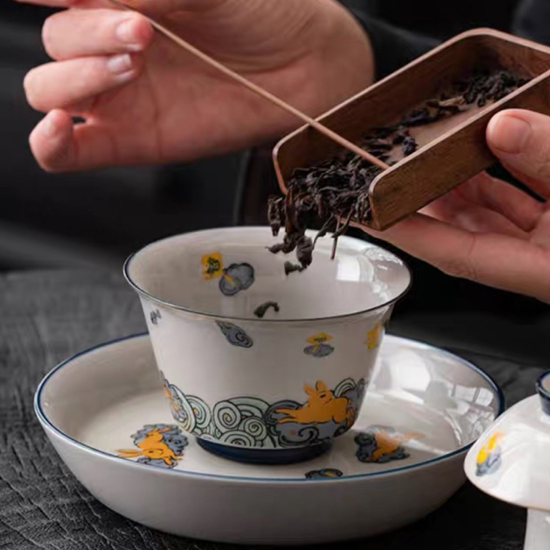 蓋碗 茶杯セット おしゃれ うさぎ 耐熱陶磁器製の中国茶器 1客の 蓋碗 茶杯セット おしゃれ うさぎ 耐熱陶磁器製の中国茶器 1客の