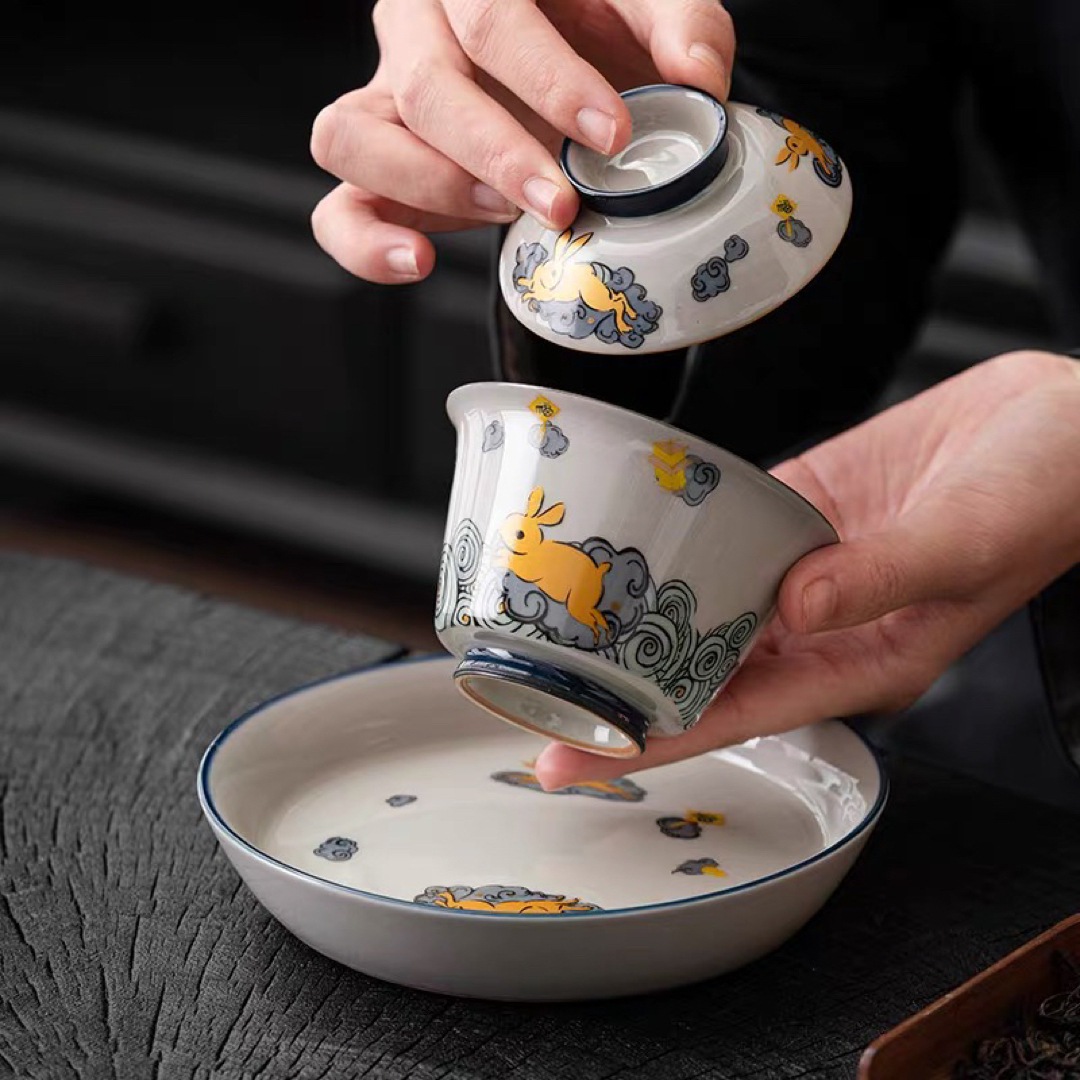蓋碗 茶杯セット おしゃれ うさぎ 耐熱陶磁器製の中国茶器 1客の 蓋碗 茶杯セット おしゃれ うさぎ 耐熱陶磁器製の中国茶器 1客の
