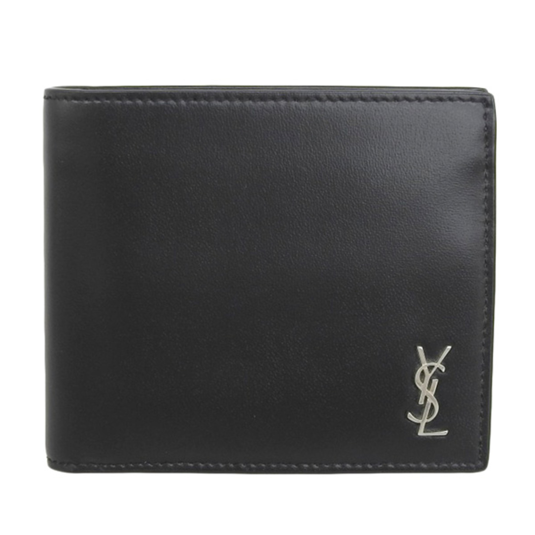 SAINT LAURENT サンローラン レザー ロゴ 二つ折り コンパクト財布 - ブラック gy