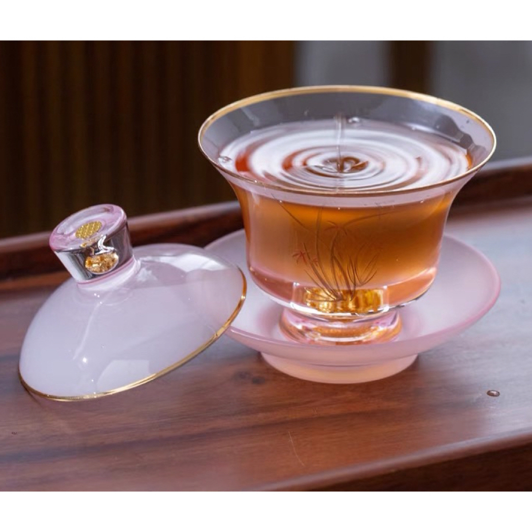 高級 蓋碗　茶杯セット 金箔入れ　花柄 おしゃれ　耐熱ガラス製の中国茶器 1客 3