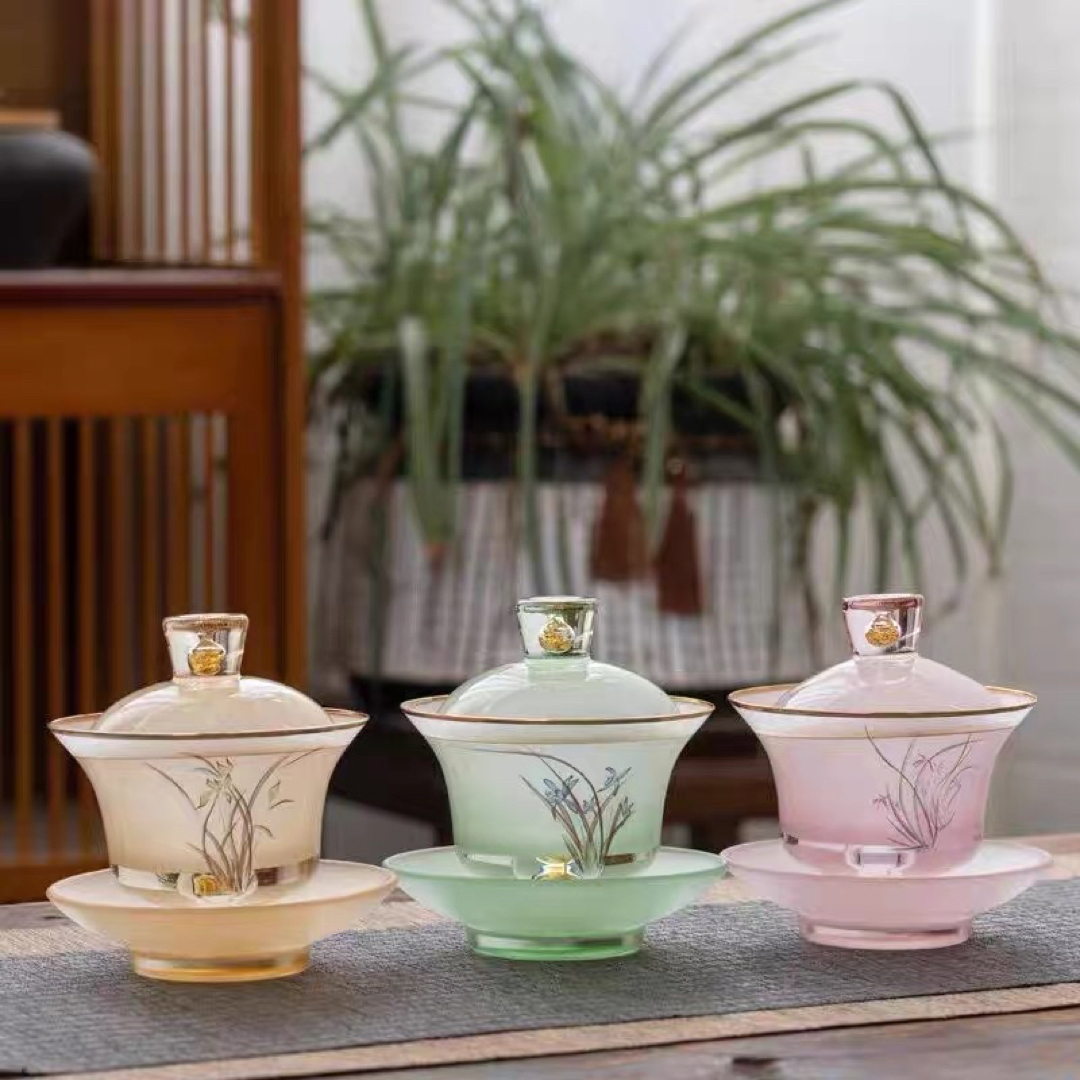 高級 蓋碗 茶杯セット 金箔入れ 花柄 おしゃれ 耐熱ガラス製の 高級 蓋碗 茶杯セット 金箔入れ 花柄 おしゃれ 耐熱ガラス製の