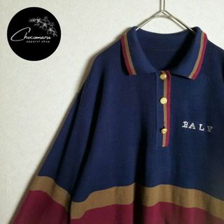 【長袖ニット セーター ネイビー 紺黄赤 トリコロールカラー レトロ 古着】
