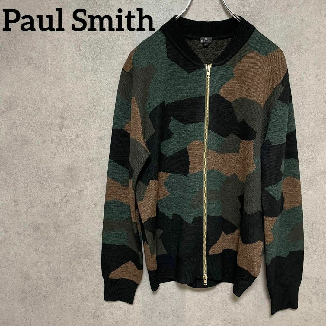 609 希少 Paul Smith ウールニットジップカーディガン L 迷彩柄 ... ポールスミス フード付き フルジップ ジャケット 黒 Paul Smith メンズ 【221208】