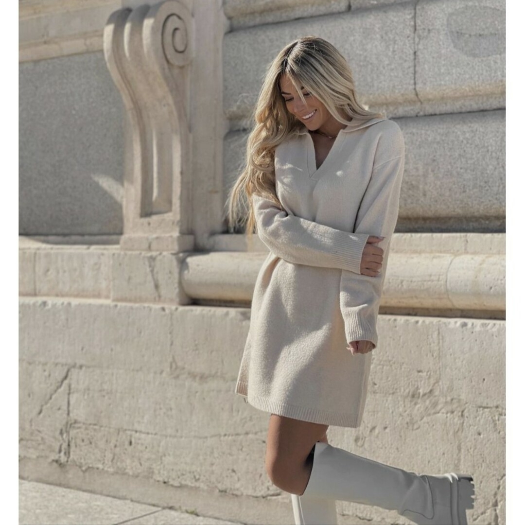 ZARA - ZARA ポロネックニットワンピース Sサイズ クリームの ZARA - ZARA ポロネックニットワンピース Sサイズ クリームの