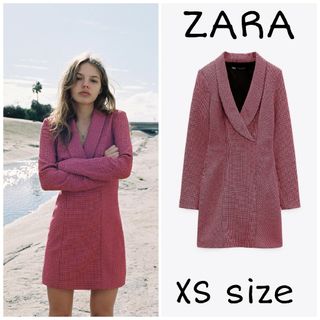 ザラ(ZARA)のZARA　千鳥格子柄ブレザー風ワンピース　XSサイズ　ネオンピンク(ミニワンピース)