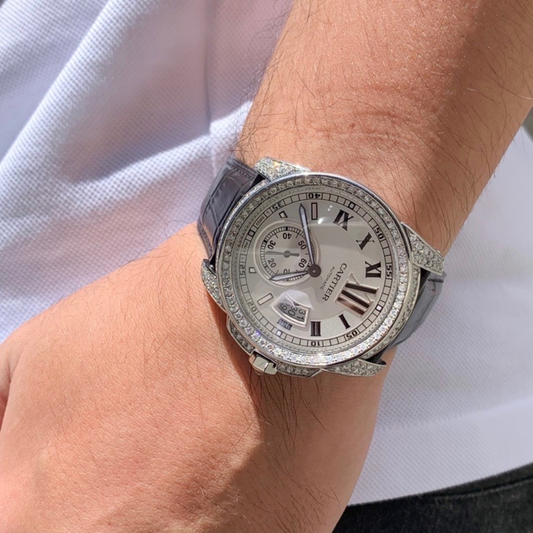 【仕上済】カルティエ カリブルドゥカルティエ 白文字盤 ベゼルフルダイヤ レザー SS メンズ 腕時計 CARTIER 時計