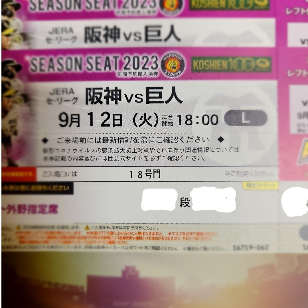 阪神 VS 巨人 9月12日 レフト外野指定席 通路側ペア