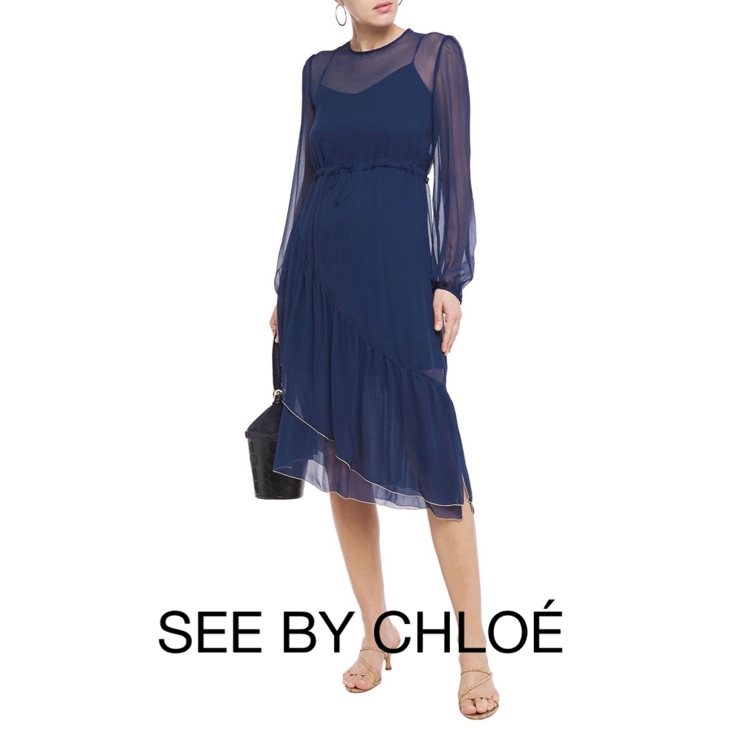 SEE BY CHLOÉ ギャザー入り シルクジョーゼット ミディ ワンピース ...
