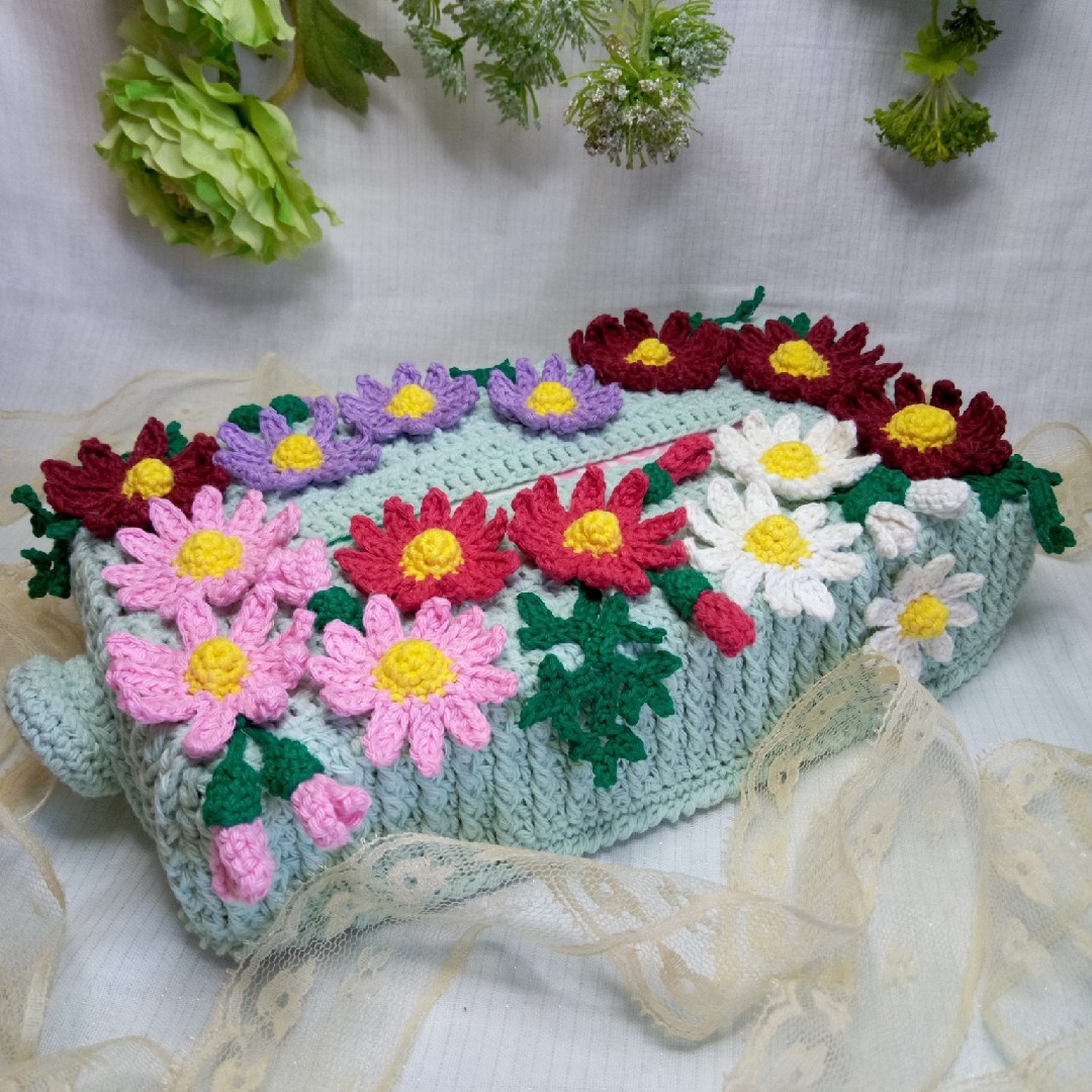 ティッシュカバー🌼ハンドメイド🌼マーガレット🌼レース編み🌼かぎ針編み🌼 ハンドメイドの生活雑貨(その他)の商品写真