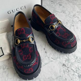 超極美品 グッチ アンクルビットローファー GG柄 厚底 5 24cm位