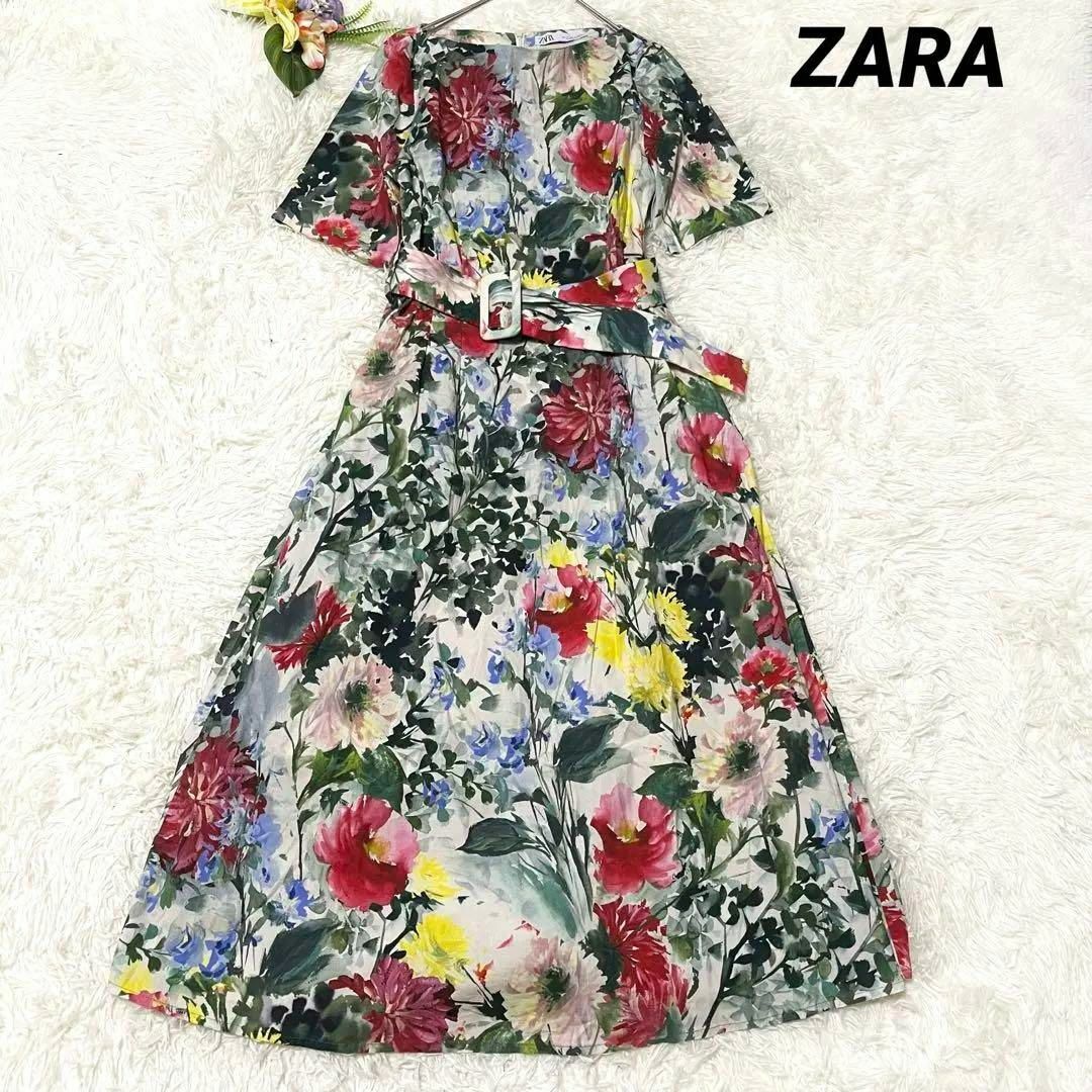 ZARA  ザラ  ワンピース ロング フレア Aライン 花柄 総柄 ベルト M