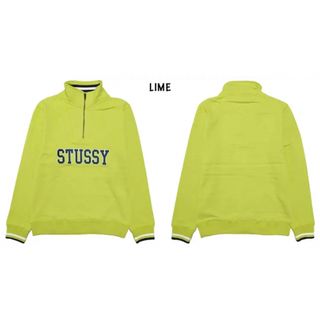 STUSSY ハーフジップ スウェット フロントロゴ ネイビー ライム XL