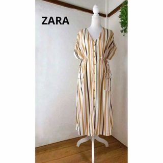 ザラ(ZARA)のザラ【ZARA】リネンブレンド　ストライプ シャツワンピース(ロングワンピース/マキシワンピース)