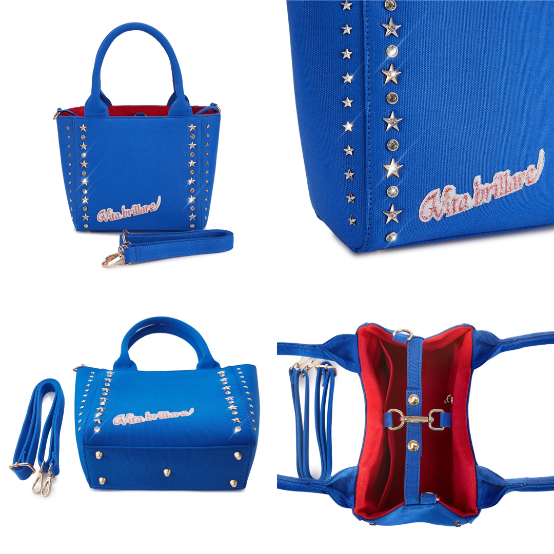 ワッペン付きラインストーン×星スタッズバッグ・Sサイズ　ホワイト　（黒・青も有り レディースのバッグ(トートバッグ)の商品写真