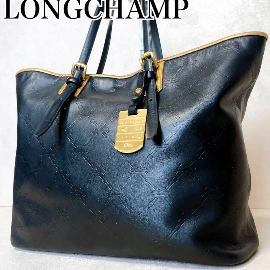 定価12万程　Longchamp ロンシャン　トートバッグ　牛革　総柄　A4 黒