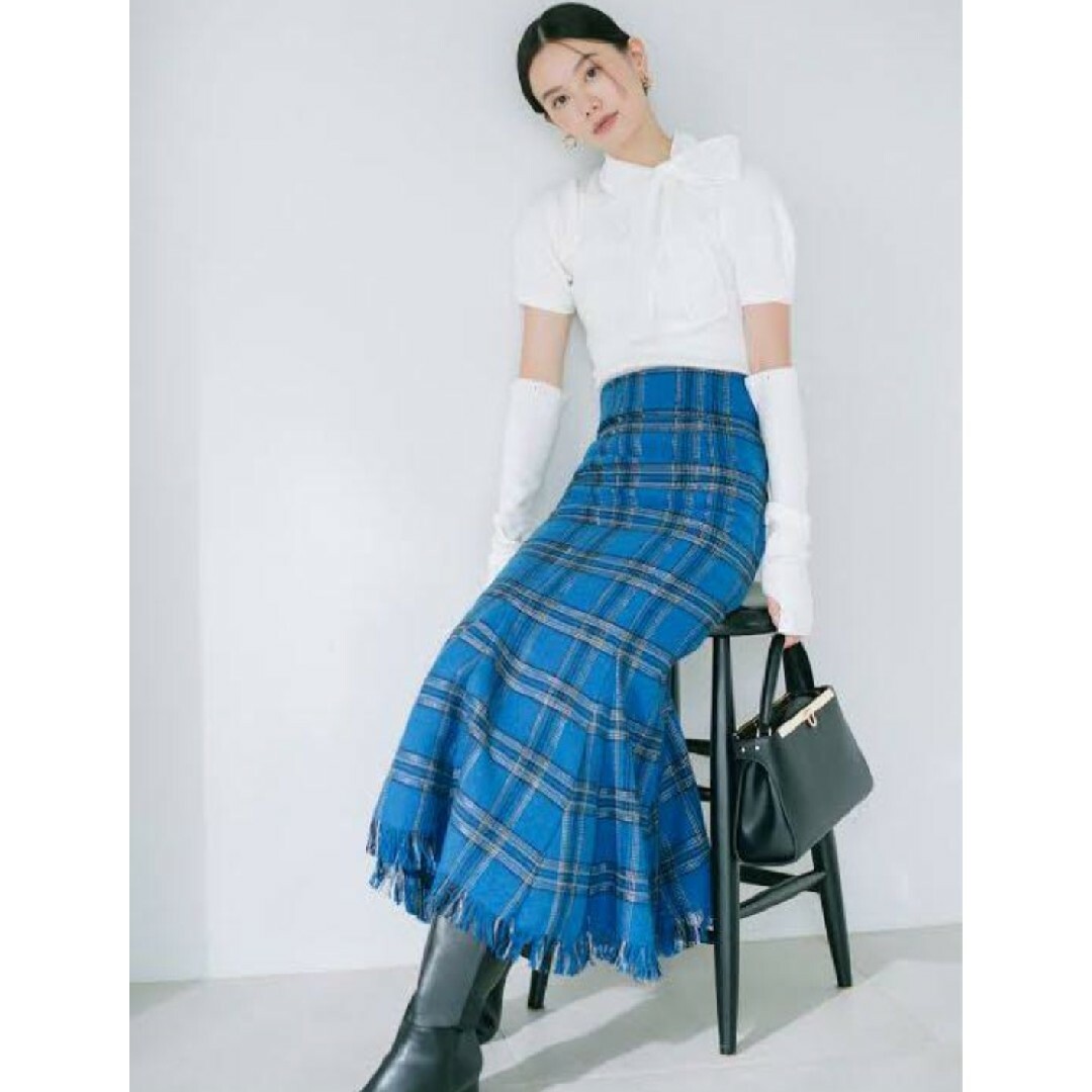 SNIDEL ロービングチェックヘムフレアスカート ブルー 0サイズ-