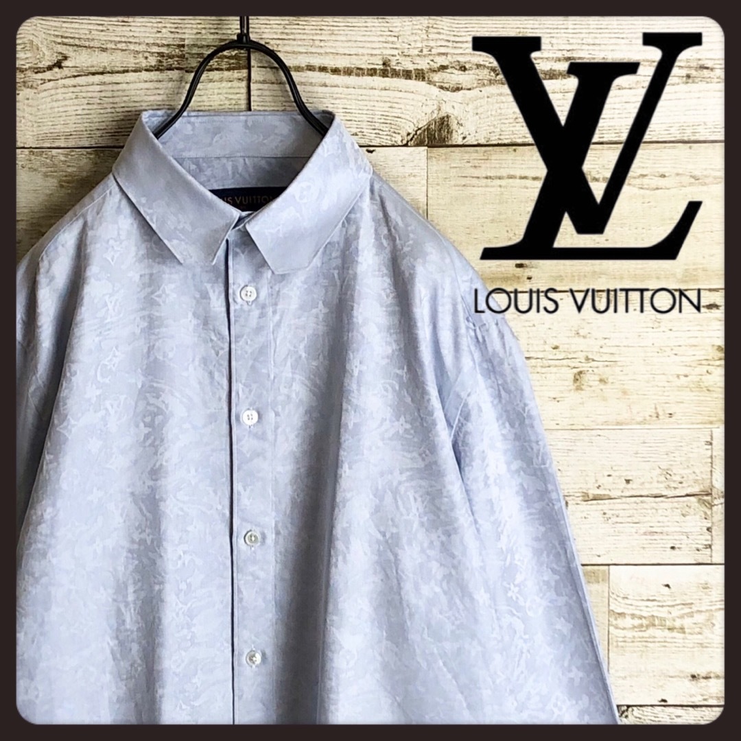 美品 ルイヴィトン LOUIS VUITTON シャツ 21AW モノグラムフラワー ジャガード 総柄 コットン メンズ 長袖 ロングスリーブ トップス L ホワイト/グレー