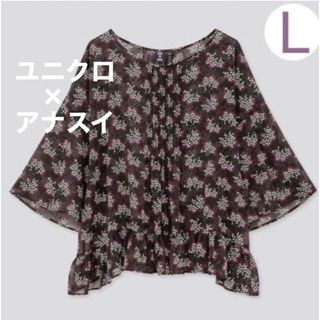 ユニクロ(UNIQLO)のユニクロ　アナスイ　シフォンブラウス　L  黒　ソフトボヘミアン　総柄　花柄(シャツ/ブラウス(長袖/七分))