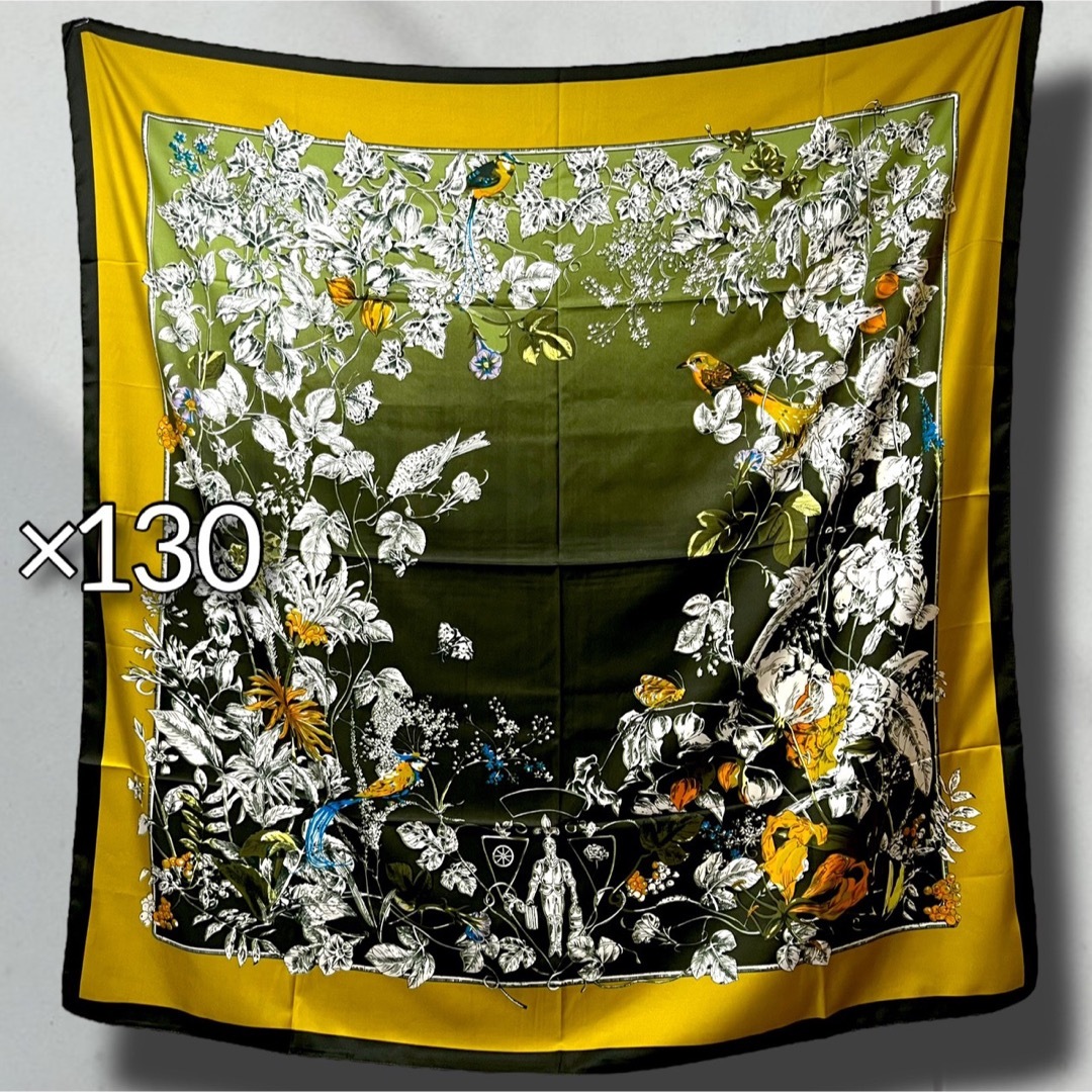 ×130 大判 シルク スカーフ ボタニカル 花鳥風月 鳥 植物 花 花柄 絹 レディースのファッション小物(マフラー/ショール)の商品写真
