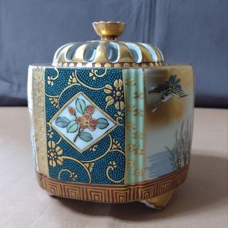 香炉 九谷焼 大雅作 青粒鉄仙 花鳥図  茶道具 仏具 置物 陶器(お香/香炉)